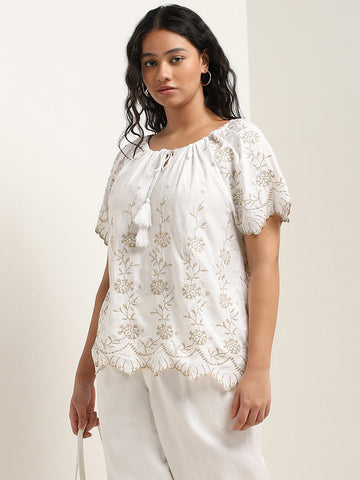 Gia White Floral Embroidered Cotton Blouse