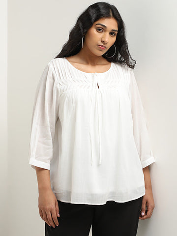 Gia White Pintuck Detailed Cotton Blouse