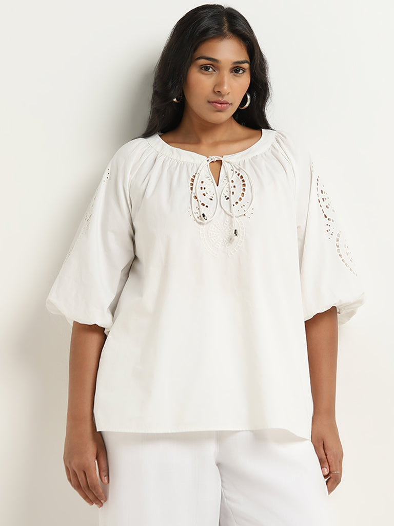 Gia White Cut-Out Detailed Cotton Blouse