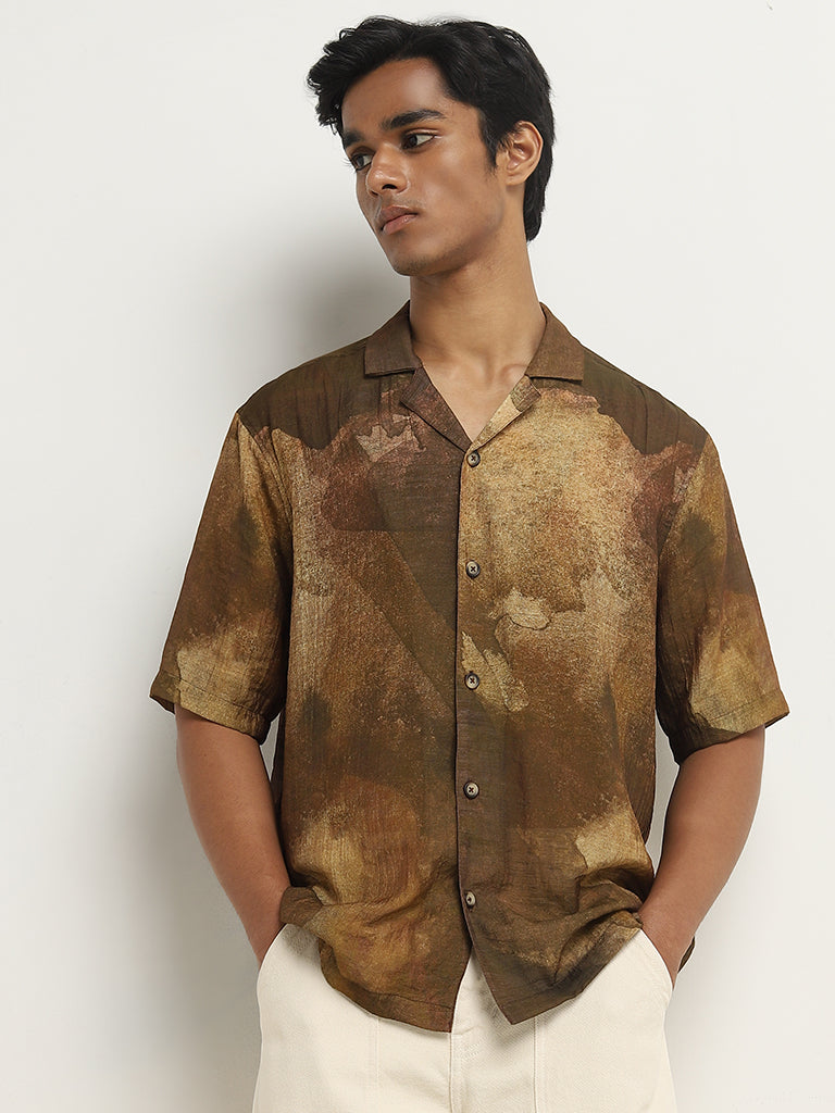 Nuon Brown Abstract Design Relaxed-Fit Shirt