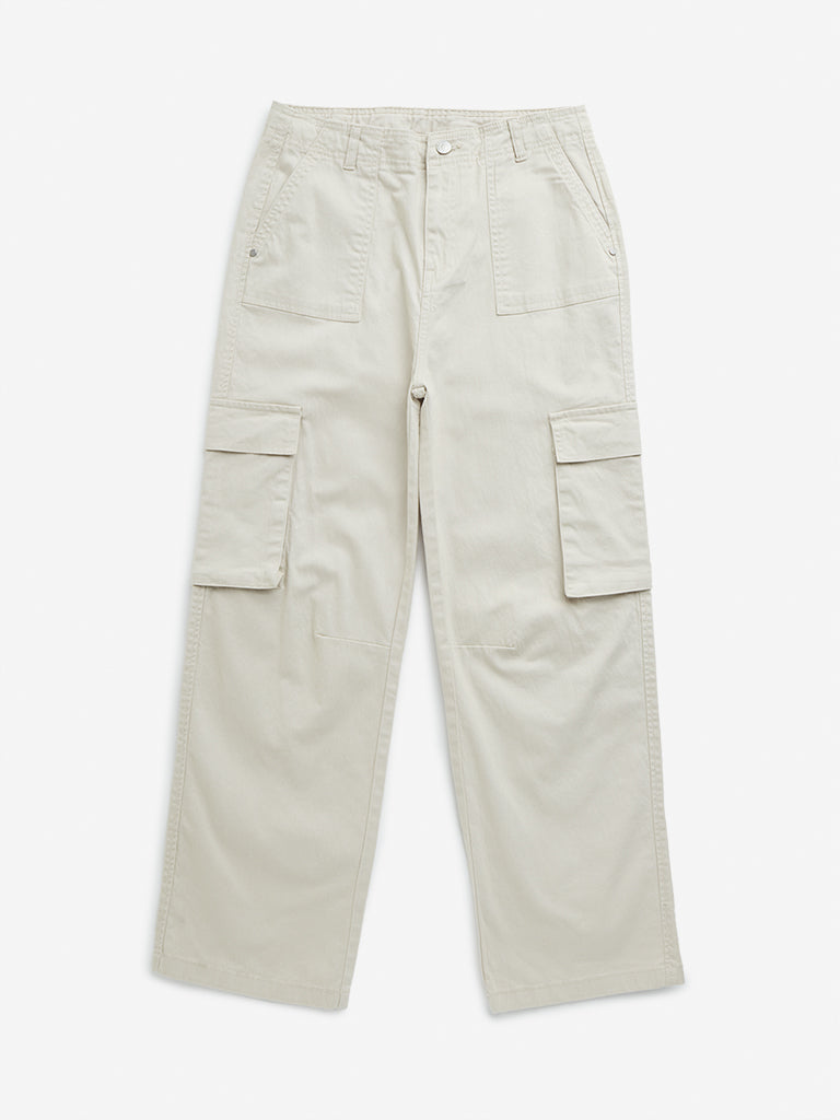 Y&F Kids Beige High-Rise Cargo-Style Cotton Blend Pants