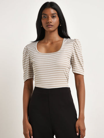 Wardrobe White Beige Striped Knit-Textured Top