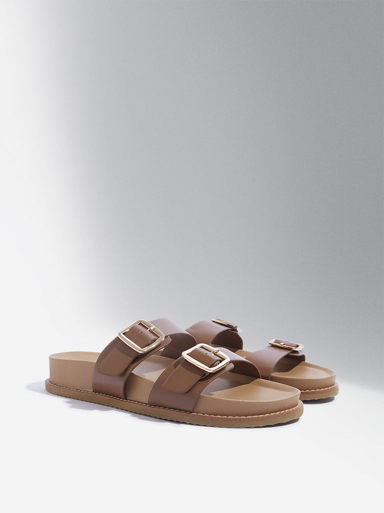 LUNA BLU Tan Buckle-Detailed Slip-On Sandals