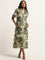 LOV Beige & Olive Printed Blended Linen Shirt Dress