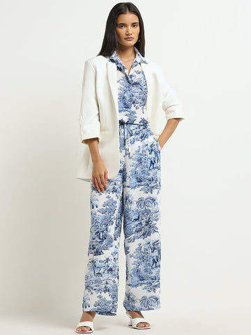 Wardrobe Ivory & Blue Foliage Print High-Rise Trousers