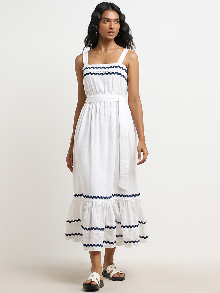 LOV White Embroidered Tiered Cotton Dress with Belt