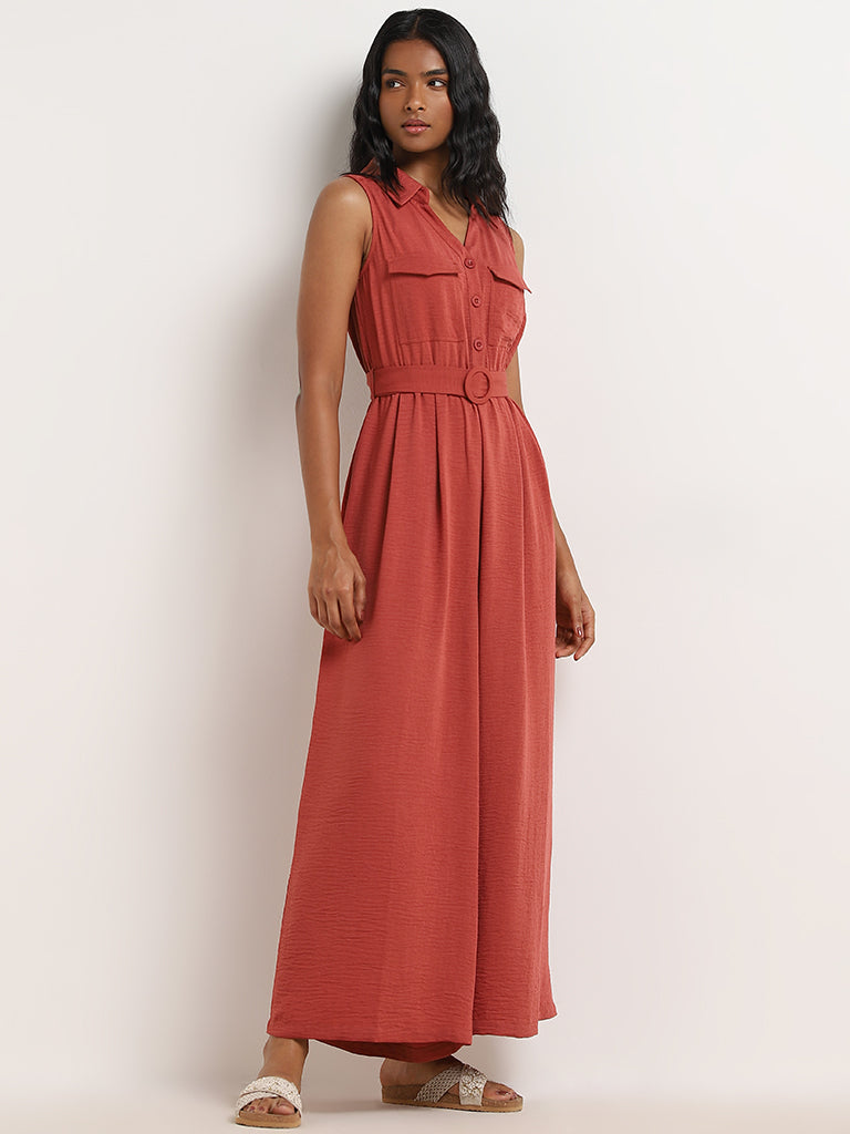 LOV Red Crinkle Textured Jumpsuit with Belt