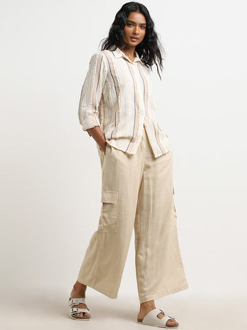 LOV Beige Flared Mid-Rise Blended Linen Pants