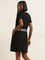 Studiofit Black Text Design Straight Cotton Dress with Belt