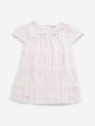 HOP Baby Light Pink Floral Embroidered Tiered Dress