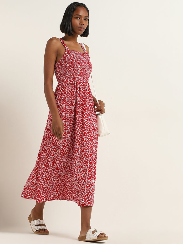 Nuon Red Floral Printed A-Line Dress