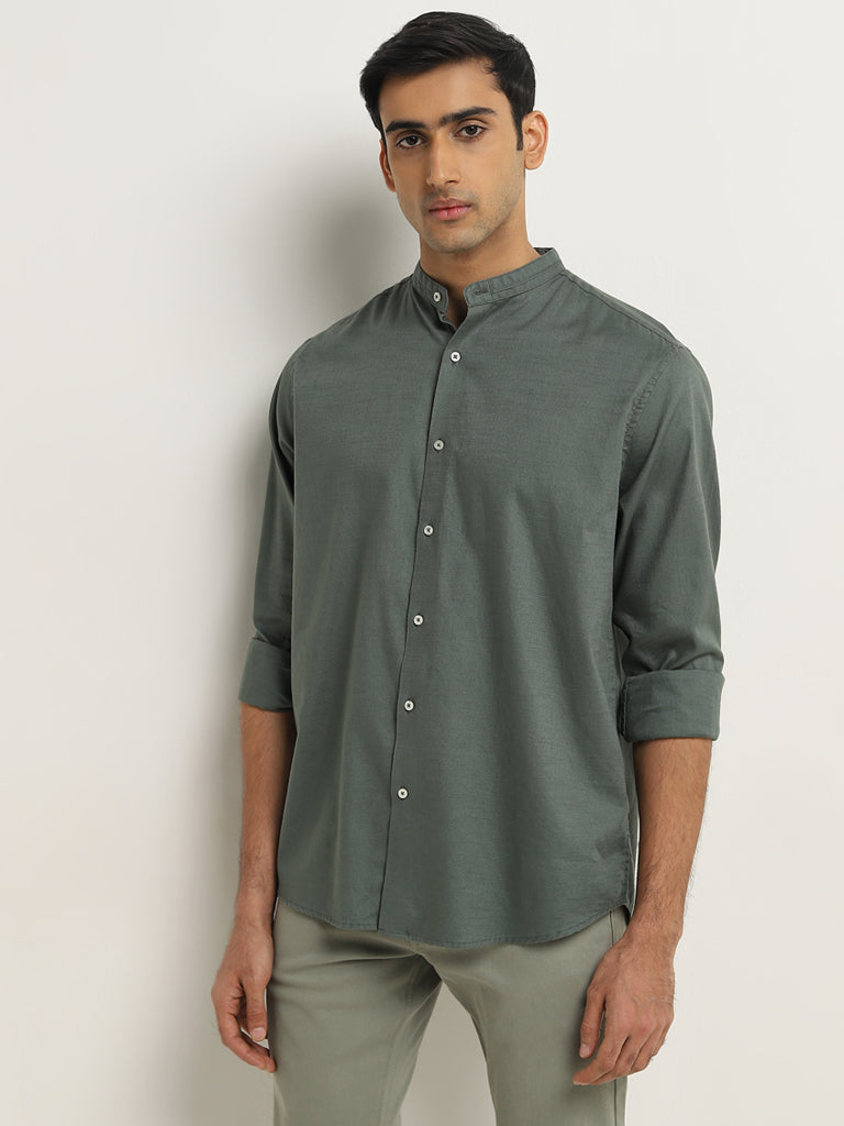 Ascot Dark Sage Solid Relaxed-Fit Cotton Shirt