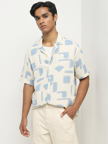 Nuon Off-White Abstract Blended Linen Relaxed-Fit Shirt