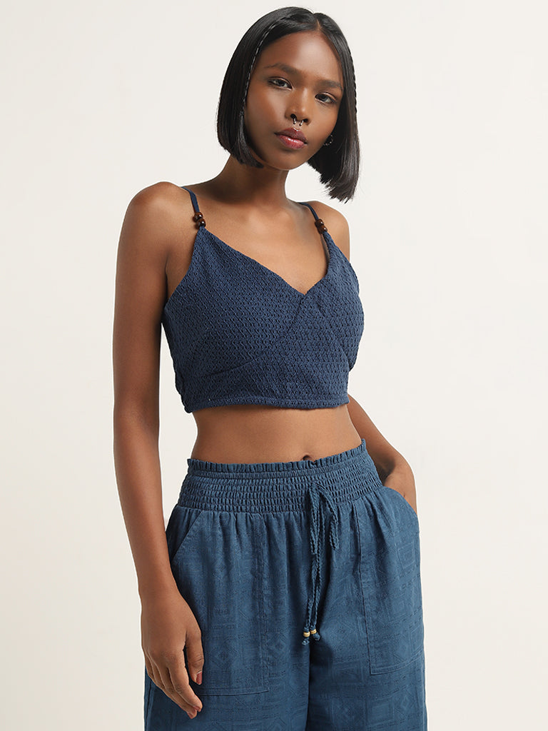 Bombay Paisley Navy Knit-Textured Cotton Crop Top