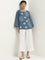 Utsa Dusty Blue Foliage Printed A-Line Blended Linen Kurti