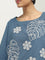 Utsa Dusty Blue Foliage Printed A-Line Blended Linen Kurti