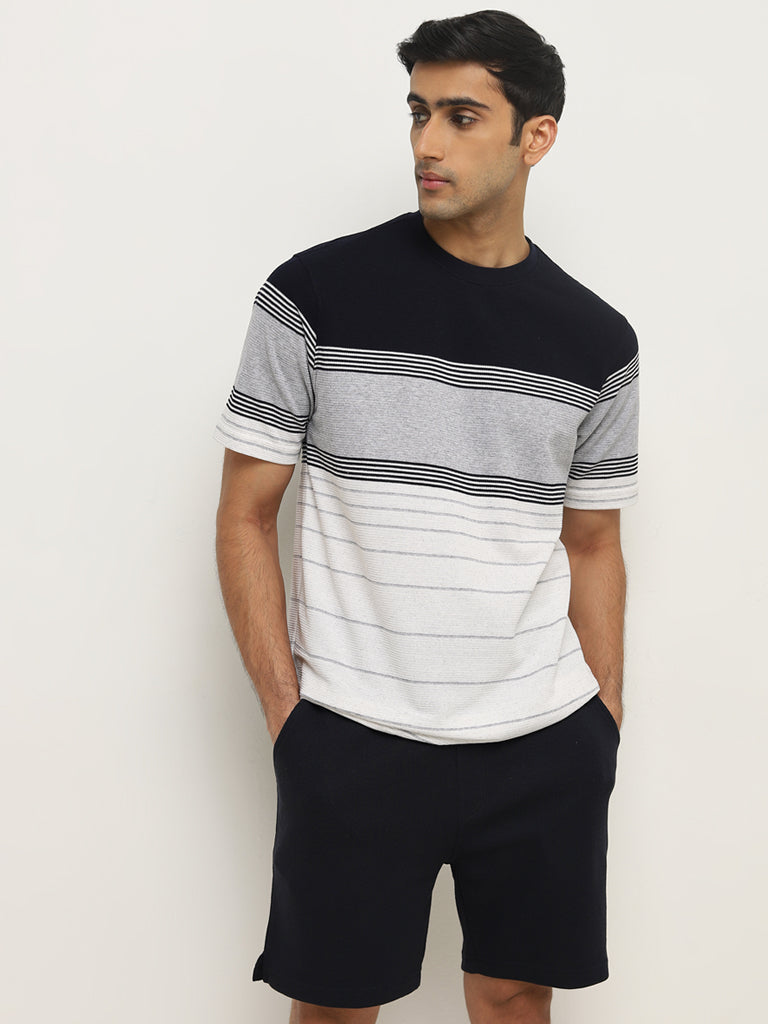 WES Lounge Grey Melange Striped Relaxed-Fit T-Shirt