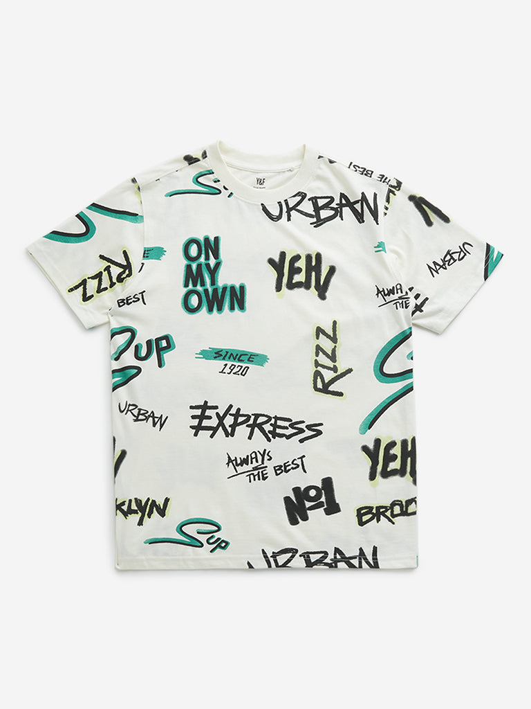 Y&F Kids Off-White Text Design Cotton T-Shirt