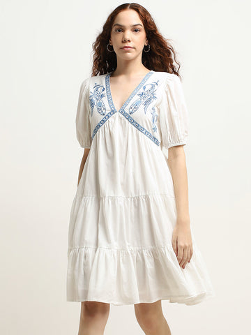 Bombay Paisley White Paisley Tiered Cotton Dress