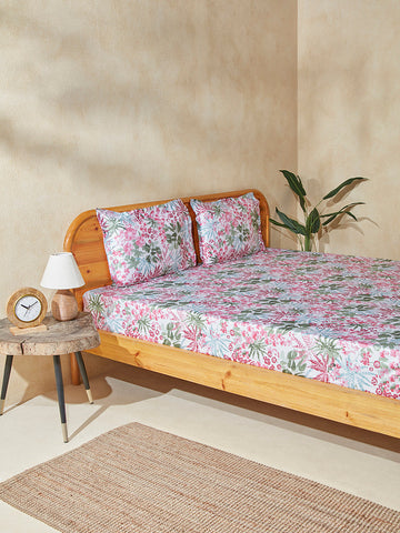 Westside Home Aqua Floral King Bed Flat Sheet and Pillowcase Set