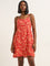 Nuon Red Floral Printed A-Line Blended Linen Dress