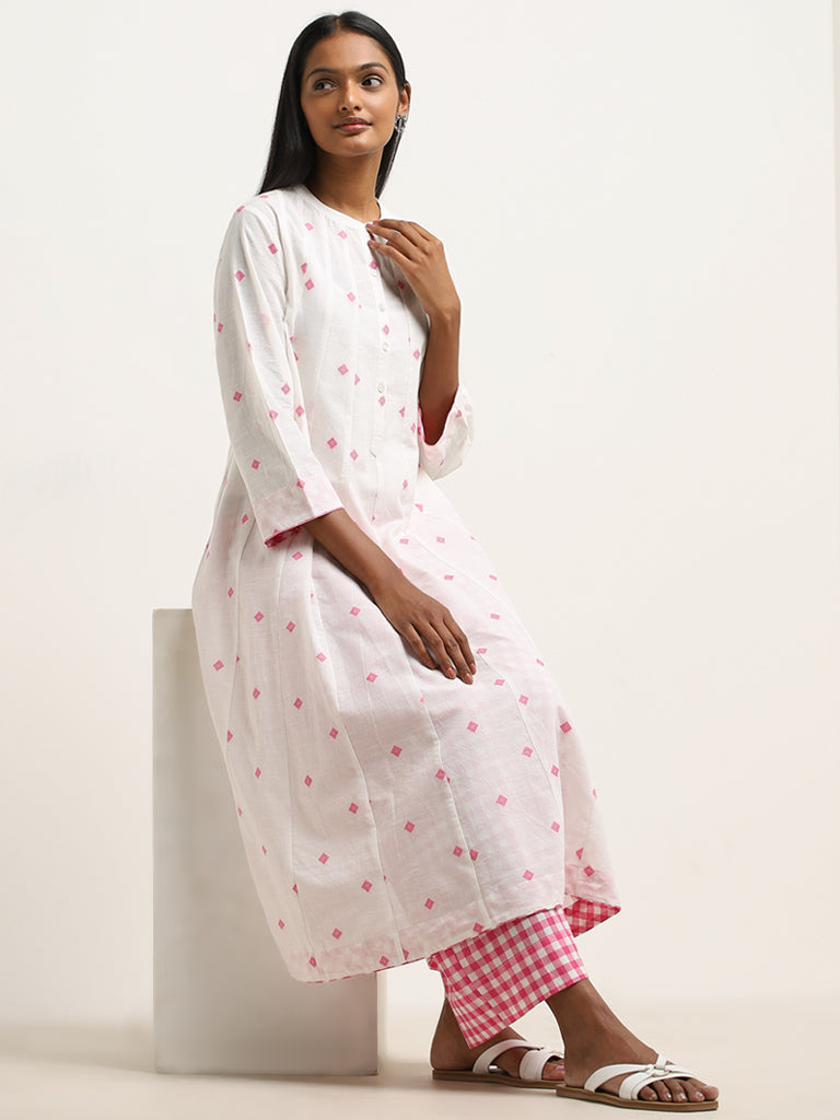 Utsa Pink Geometrical Design A-Line Cotton Kurta