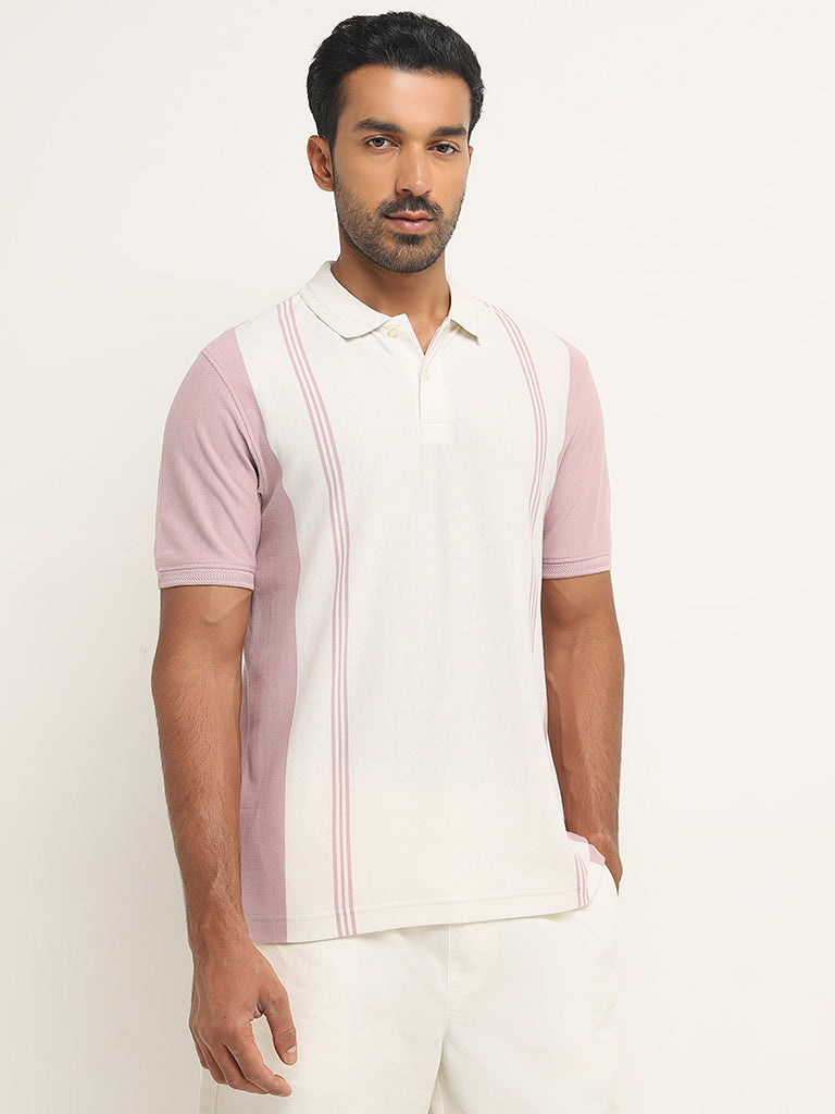 WES Casuals Dusty Pink Colour-Blocked Relaxed-Fit Polo T-Shirt