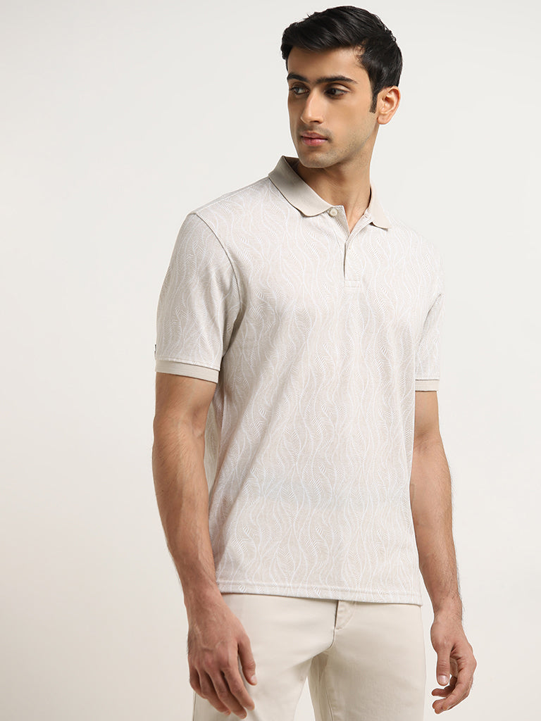 WES Casuals Beige Leaf Design Relaxed-Fit Polo T-Shirt