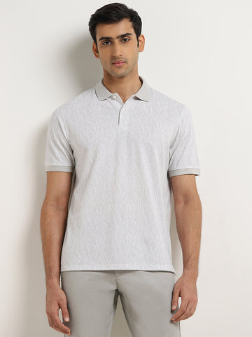 WES Casuals Light Grey Leaf Design Relaxed-Fit Polo T-Shirt