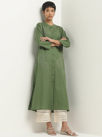 Utsa Dark Green Embroidered A-Line Cotton Blend Kurta