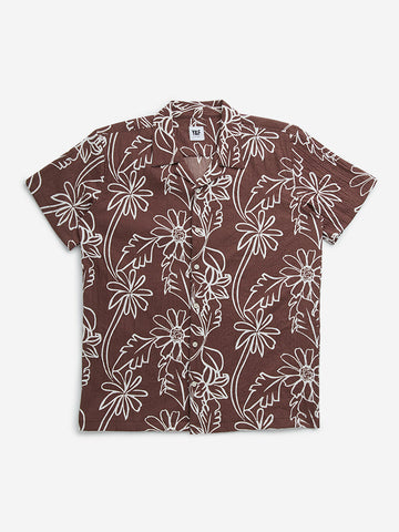 Y&F Kids Brown Floral Pattern Resort-Fit Shirt