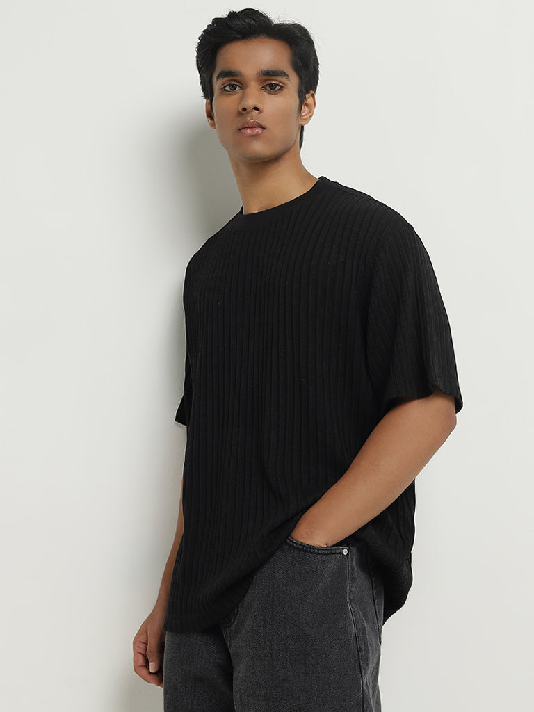 Nuon Black Striped Relaxed-Fit Cotton T-Shirt