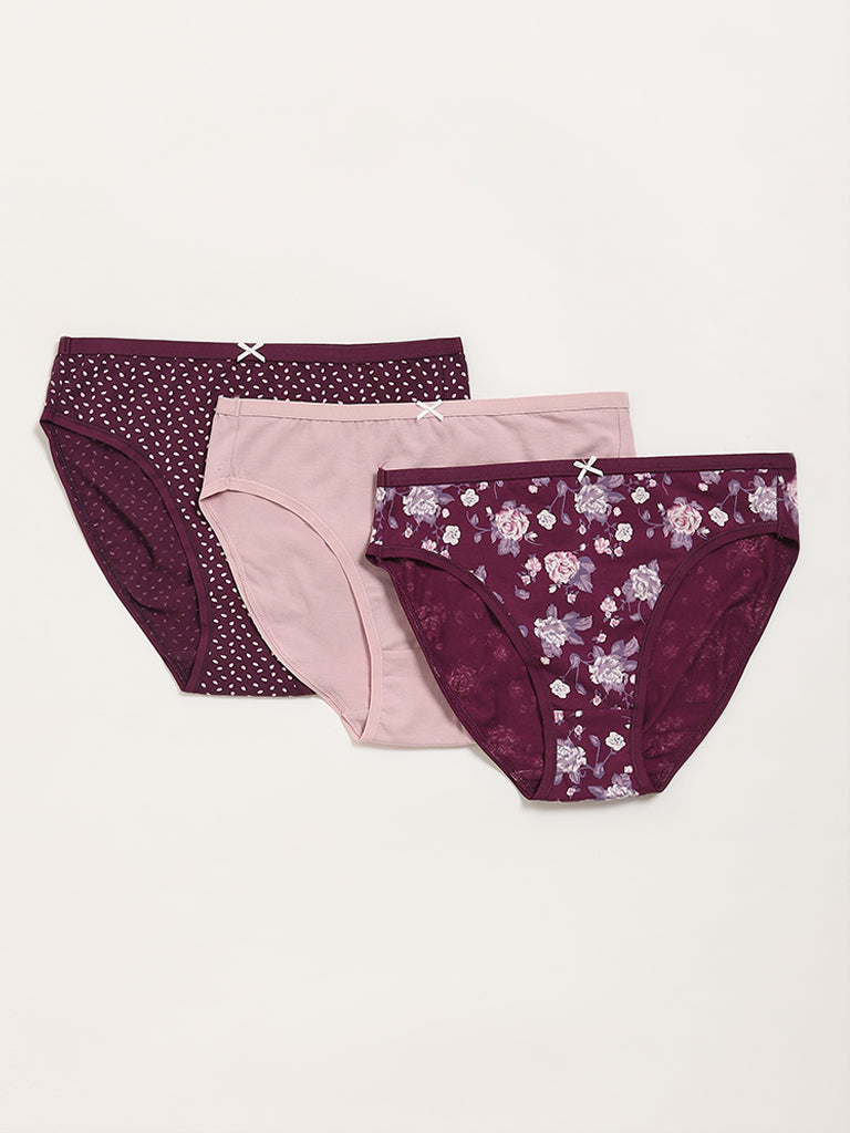 Wunderlove Violet Floral Printed Hi-Leg Cotton Briefs - Pack of 3