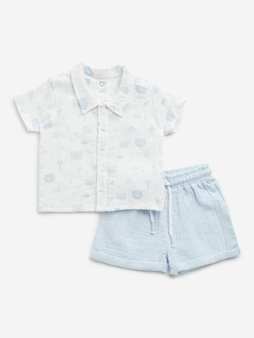 HOP Baby Light Blue Printed Cotton Shirt with Shorts Set