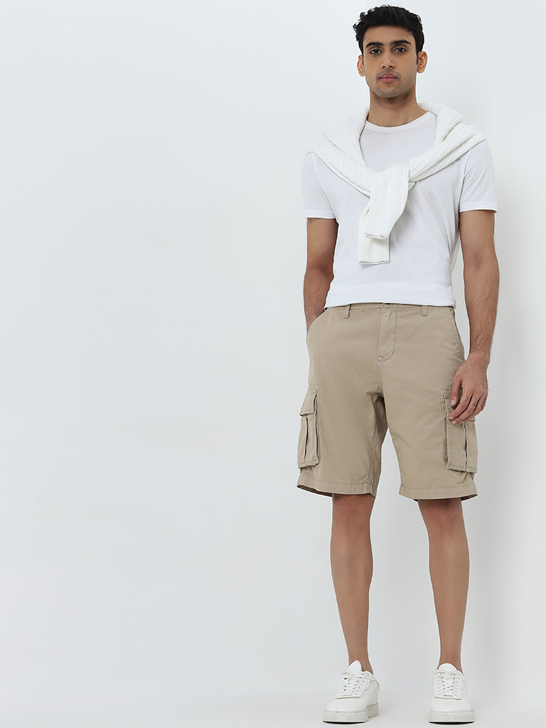 WES Casuals Khaki Relaxed-Fit Mid-Rise Cotton Cargo Shorts