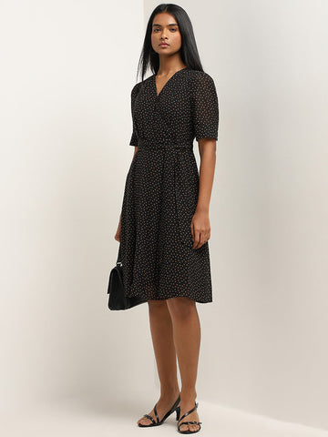 Wardrobe Black Polka Dotted A-line Dress with Belt