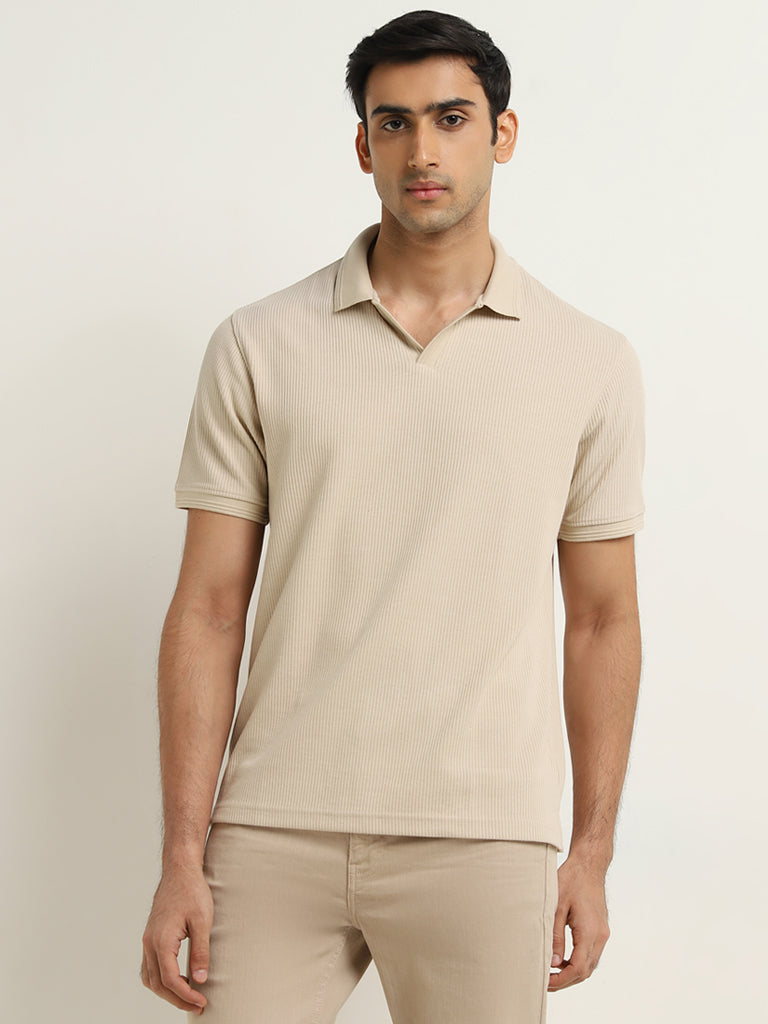 WES Casuals Beige Knitted Relaxed-Fit Cotton Polo T-Shirt