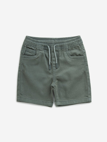 HOP Kids Olive Solid Mid-Rise Denim Shorts