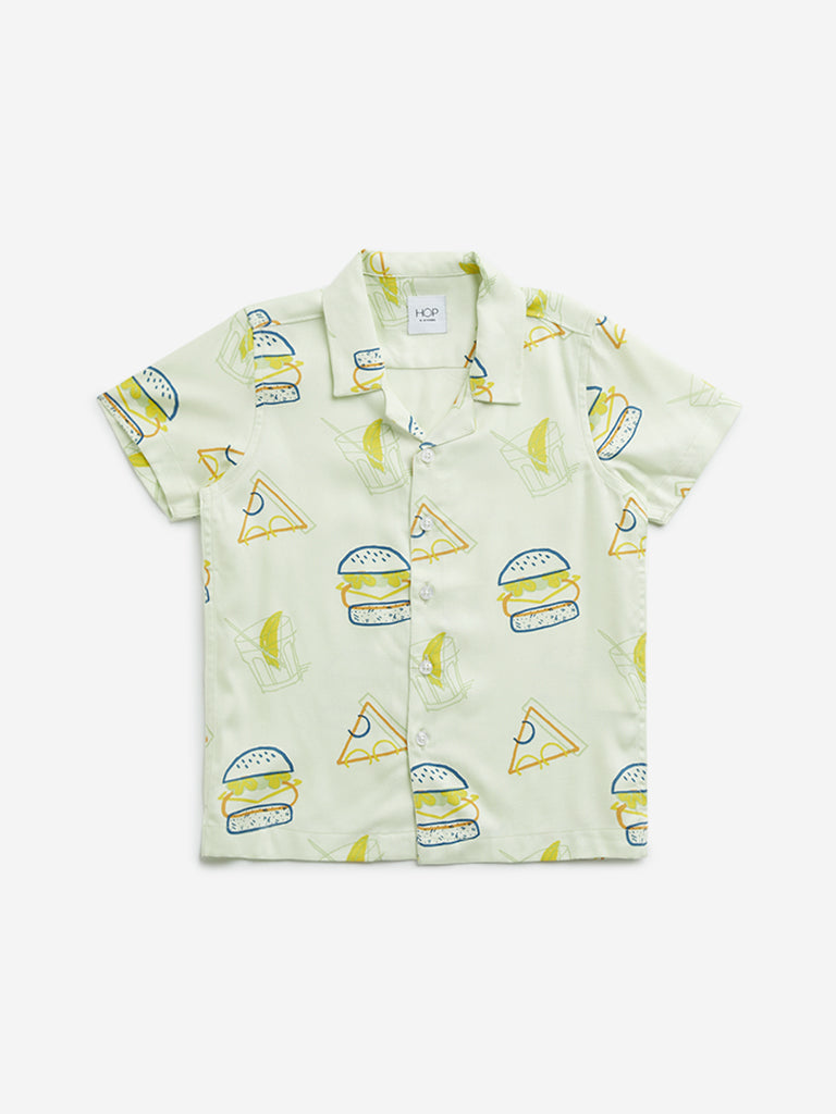 HOP Kids Light Green Burger Printed Shirt