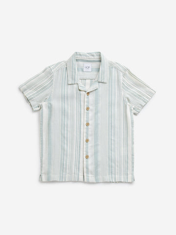 HOP Kids Sage Striped Design Resort-Fit Cotton Shirt