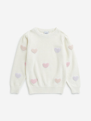 HOP Kids Off-White Heart Embroidered Cotton Sweater