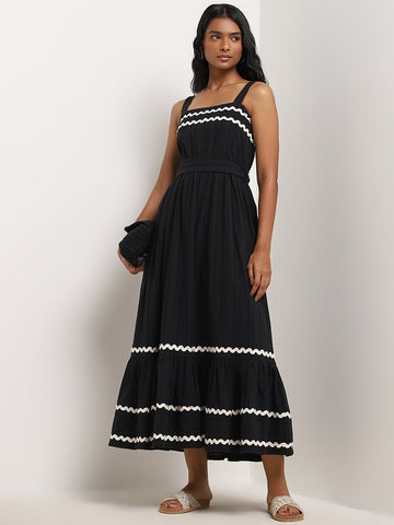 LOV Black Embroidered Tiered Cotton Dress with Belt