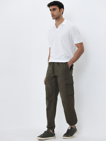 WES Casuals Olive Relaxed-Fit Mid-Rise Cotton Blend Joggers