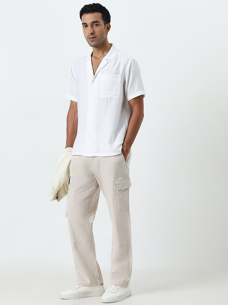 WES Casuals Light Beige Cargo-Style Relaxed-Fit Mid-Rise Cotton Blend Chinos