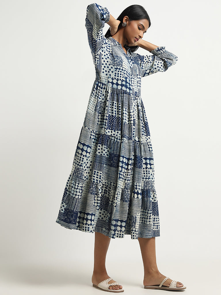 Utsa Indigo Geometric Design Tiered Long Dress