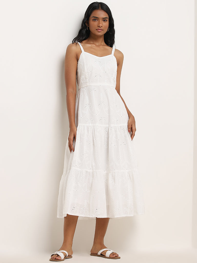 LOV White Schiffli Design Tiered Cotton Dress