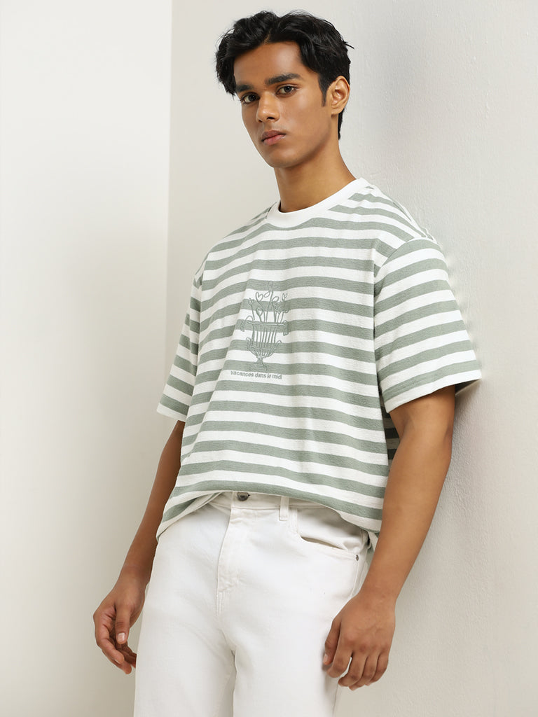 Nuon Sage Stripe Printed Relaxed-Fit Cotton T-Shirt