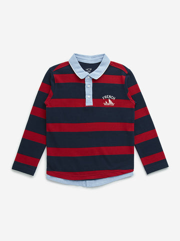 HOP Kids Navy & Red Striped Cotton Polo T-Shirt