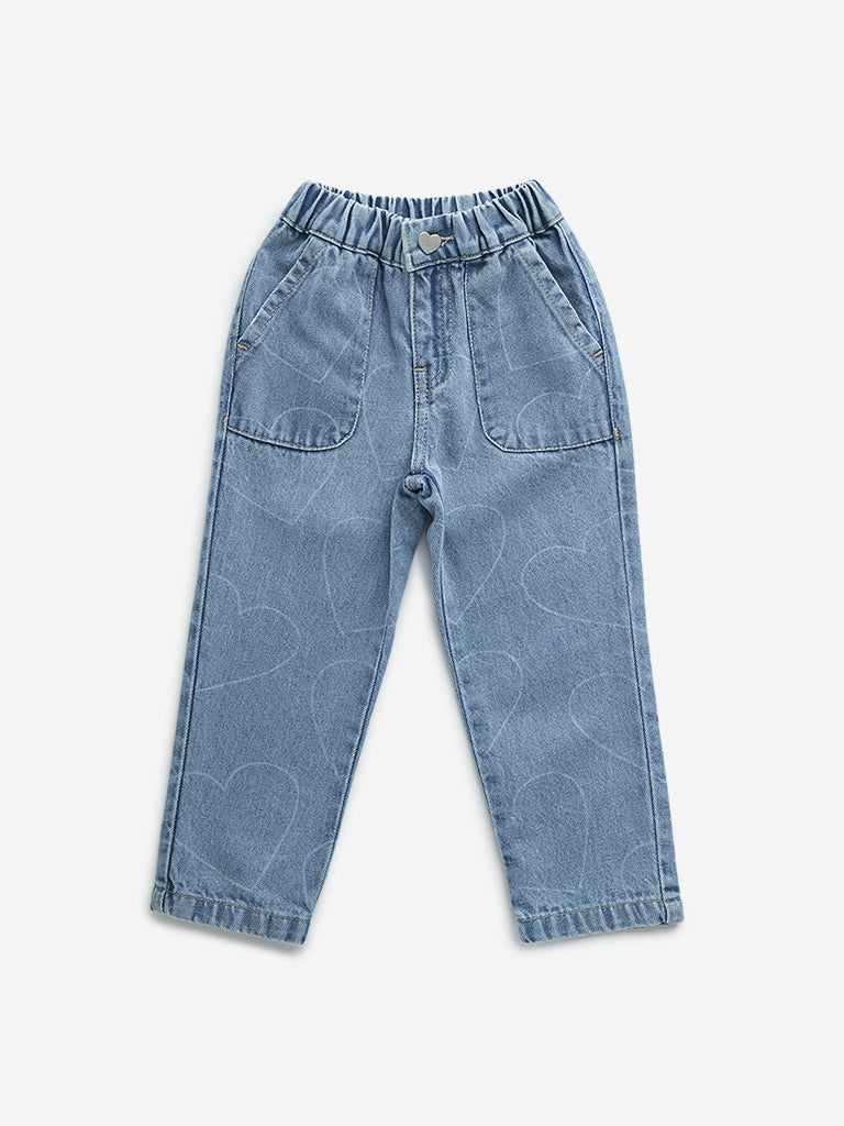 HOP Kids Blue Heart Printed Relaxed - Fit High - Rise Jeans