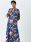 Utsa Blue Floral Printed A-Line Cotton Kurta